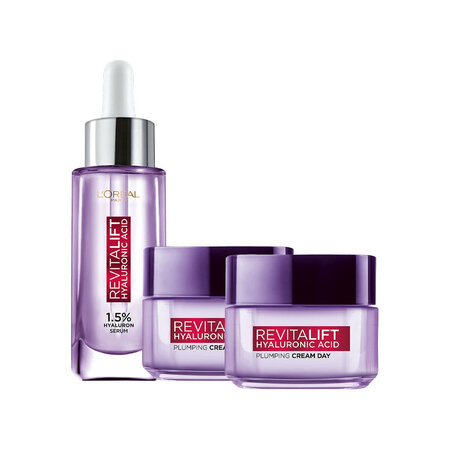Combo L'Oreal Serum Hyaluronic Acid Cấp Ẩm Sáng Da 30ml + 2 Kem Dưỡng Siêu Cấp Ẩm Căng Mịn Da 15ml